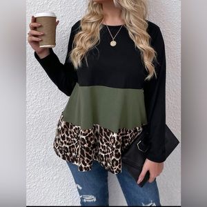 Shein Lune Plus Size Color Block Leopard Print Tunic